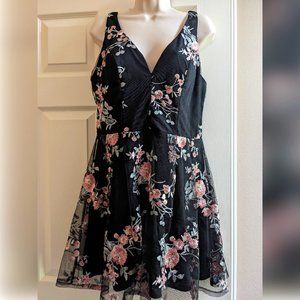 Crystal Doll LBD Junior's Black Cocktail Party Dress with Floral Embroidery